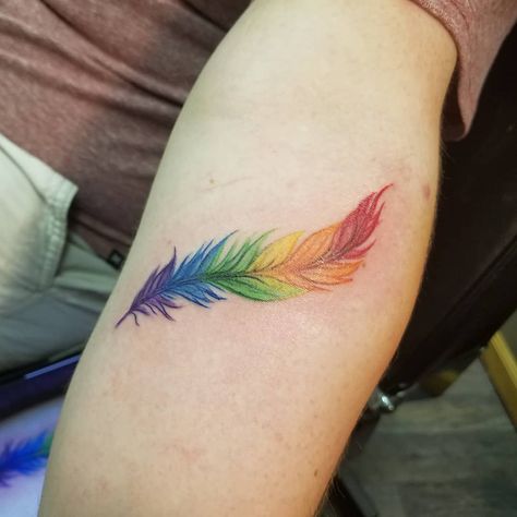 Natasha Woolley on Instagram: “Gay pride tattoo for a fabulous client! He was such a joy to work with ^_^ #gaypridetattoo #gaytattoo #lgbtq #rainbowtattoo #feathertattoo…” Pride Tatoos Ideas, Ally Tattoo Lgbtq, Unique Rainbow Tattoo, Pride Ally Tattoo, Rainbow Flag Tattoo, Lgbtq Tattoos Ideas, Gay Tattoo Ideas, Lgbtq Tattoos, Gay Pride Tattoos