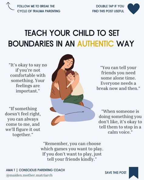 Teaching children to set boundaries is a fundamental aspect of developing their sense of autonomy and respect for themselves and others. ⁠ .⁠ Here are 5 simple and compassionate phrases that you can use to guide your kids in setting boundaries authentically 🥰:⁠ .⁠ ✅ Never let the cycle of trauma define your parenting again. Discover "The Amai T Method of Conscious Parenting" and transform your family dynamics today!⁠ 5 Kids Family, Parenting Knowledge, Intentional Parenting, Parenting Inspiration, Set Boundaries, Parenting Help, Conscious Parenting, Mindful Parenting, Mindfulness For Kids