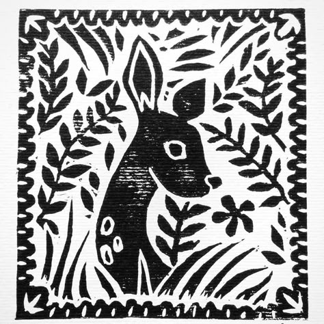 Deer in a leafy forest lino print Deer Lino Print, Animal Lino Print, Deer Linocut, Animal Linocut, Lino Art Ideas, Lino Ideas, Deer Stamp, Deer Illustration, Linoleum Print