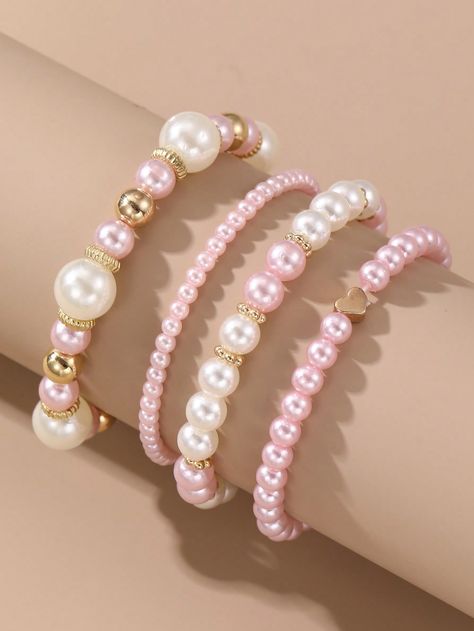 4pcsset Women Elegant Faux Pearl Beaded Bracelets Combination Fashion Party Accessories Pink    PMMA     Women Fashion Jewelry, size features are:Bust: ,Length: ,Sleeve Length: Beaded Bracelet Set, Beaded Bracelet Sets, Pearl Beads Bracelet, Diy Charm Bracelet Ideas, Bracelet Set Ideas, Cute Pearl Bracelet, Pink Bead Bracelet, Pink Pearl Jewelry, Pink Pearl Bracelet