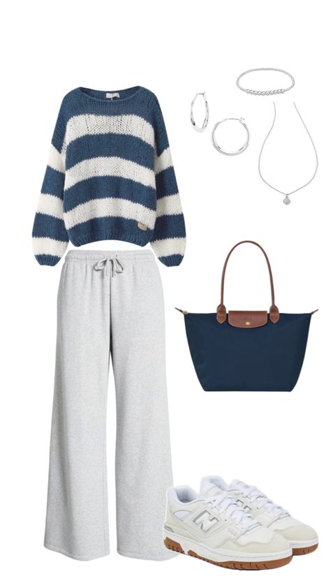 #fall #outfit #sweatpants #sweater #stripes #blue #white #gray #jewelry #bag #cute #shoes #aesthetic #silver #cozy #fitspo Outfits With Blue Sweatpants, Cute Shoes Aesthetic, Blue Sweatpants Outfit, Wide Leg Sweatpants Outfit, Gray Sweatpants Outfit, Outfit Sweatpants, Fall Outfit Inspiration, Shoes Aesthetic, Blue Sweatpants