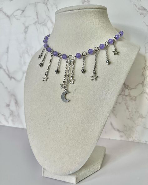 ‘Mystic’ Necklace 🌙 made with purple stone beads, stainless steel charms, and stainless steel findings 35cm + 7cm extension chain #jewelry #necklace #handmade #moon #stars #etsy Mystical Necklace, Butterfly Fashion, Purple Stones, Moon Stars, Chain Jewelry, Necklace Handmade, Jewelry Necklace, Stone Beads, Charms