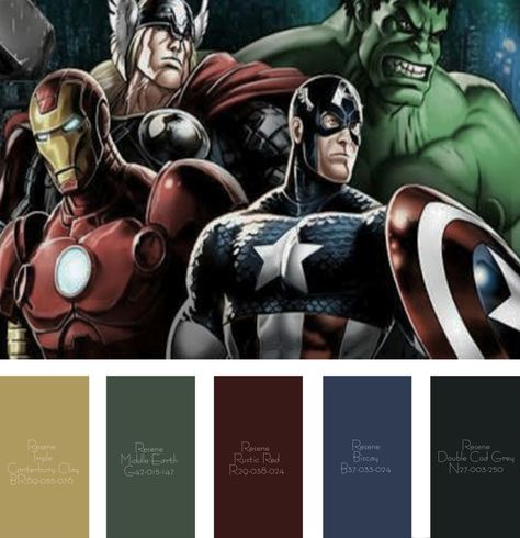 #avenger colour palette Avengers Color Palette, Marvel Color Palette, Boy Room Color Scheme, Marvel House, Hangout Room Ideas, Boys Room Colors, Avengers Painting, Avengers Coloring, Hangout Room