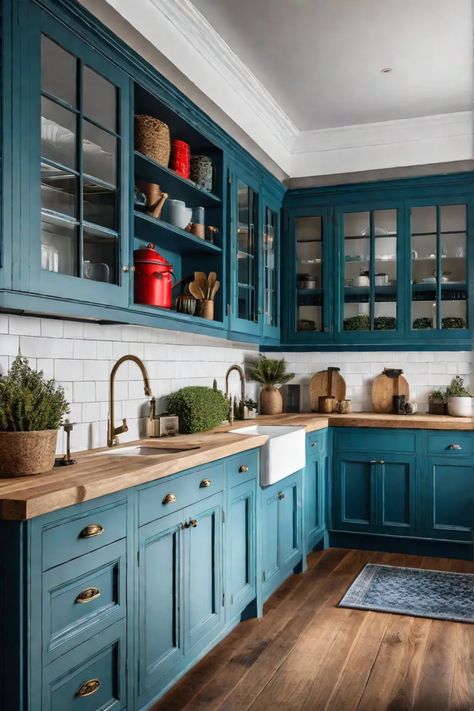 Colorful kitchen cabinets Kitchens With Turquoise Cabinets, Dark Turquoise Cabinets, Turquoise Painted Kitchen Cabinets, Blue Colour Kitchen Cabinets, Teal Cabinets With Butcher Block, Colonial Style Kitchen Cabinets, Interesting Aqua Cabinets, Kitchen With Teal Cabinets, Turquoise And Wood Kitchen