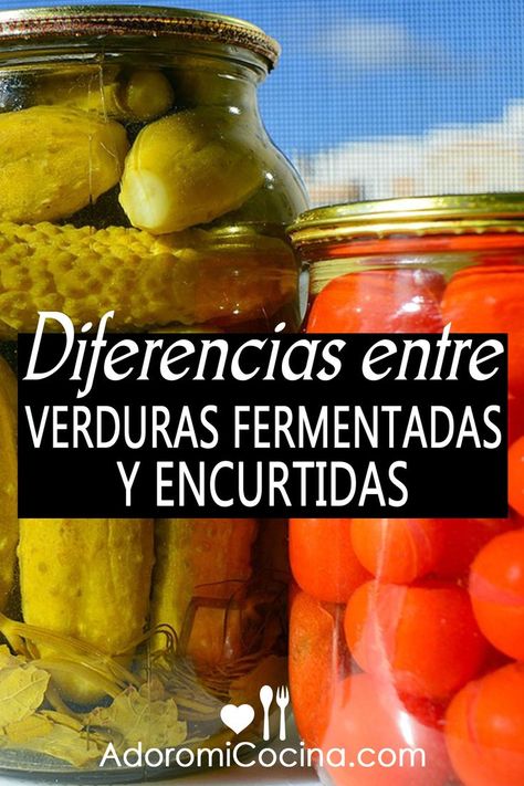 ¿No te decides si hacer verduras fermentadas o encurtidos caseros? En esta guía te explico las diferencias, así como los beneficios de los fermentos naturales. También te explico cómo reconocer algunos alimentos fermentados como el chucrut. Guarda el pin o visita mi artículo para conocer todos los detalles. Salsa Tomatillo, Canning 101, Pickles, Low Carb, Canning, Low Carb Recipes