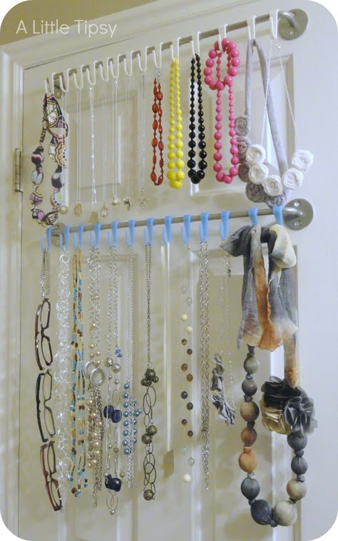 Right now I use some of the rod space in my closet, but if that were ever no longer an option, I could install towel bars for additional rod space. Diy Jewelry Organizer, Organizer Diy, Diy Jewelry Holder, Necklace Storage, Jewelry Hanger, Jewelry Organizer Diy, Organize My Life, Jewelry Organizers, Jewelry Displays