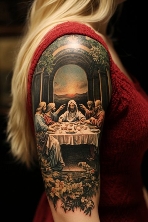 13 Biblical Sleeve Tattoos For Women To Inspire Faith – NeedleStar Open Bible Tattoo, Religious Sleeve Tattoos Women, Catholic Sleeve Tattoo, Religious Tattoos Sleeve, Biblical Sleeve Tattoos, Tattoo Ideas Female Bible Verses, Biblical Tattoos For Women Sleeve, Worship Tattoo, Women Tattoo Sleeve