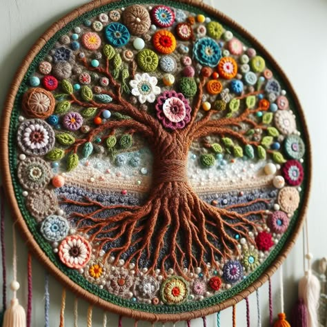 Tree Of Life Mandala Crochet, Tree Of Life Mandala, Yarn Art Projects, Mandala Crochet, Crochet Tree, Macrame Wall Hanging Patterns, Crochet Wall Hangings, Crochet Plant, Freeform Crochet