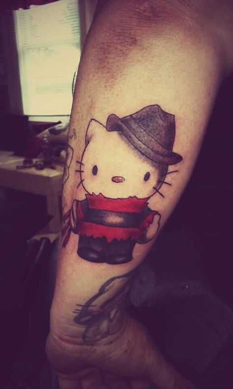 Freddy Krueger Tattoo, Hello Kitty Tattoo, Kitty Tattoo, Hippie Tattoo, Hello Kitty Tattoos, Freddy Krueger, Valentines Cards, Skull Tattoo, Tattoos For Women