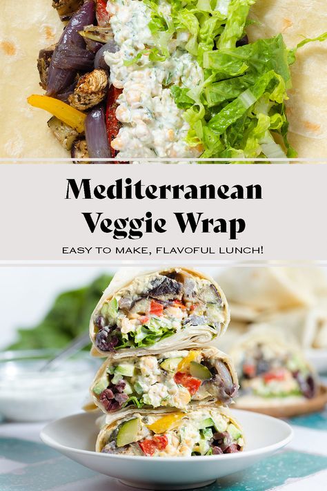 Try this Mediterranean Veggie Wrap if you're looking for a healthy vegetarian lunch or light dinner! It's made with mashed chickpeas, homemade tzatziki sauce, creamy hummus, and roasted colorful roasted veggies. This wrap requires minimal work and it's super versatile so you can add things or leave them out based on your preference. It's easy to make, healthy, flavorful, and packed with protein! Mediterranean Pita Wrap, Mediterranean Wraps Vegetarian, Veggie Wraps Recipes Healthy, Lunch Wraps Healthy, Vegetarian Wraps Recipes, Tzatziki Wrap, Mediterranean Wraps, Mediterranean Vegetarian Recipes, Mashed Chickpeas