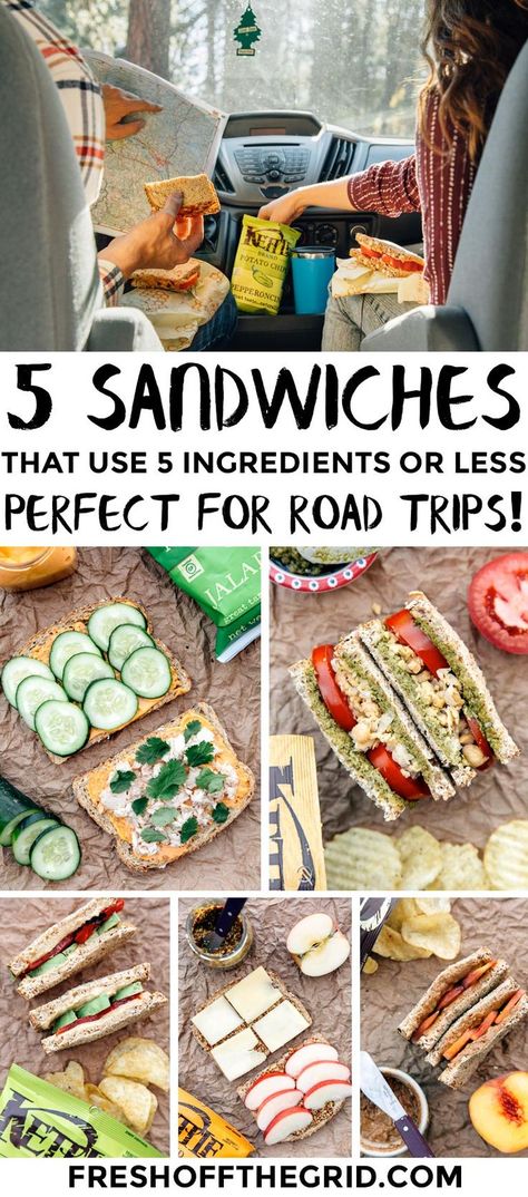 5 sandwiches that use 5 ingredients or less - perfect lunches for camping and road trips! Lunches For On The Road, Travel Lunch Ideas Road Trips, Lunches For Field Trips, Vegetarian Road Trip Meals, Food For The Road Travel, Road Trip Packed Lunch, Car Lunches Road Trips, Sandwiches For Road Trip, Lunch Ideas On The Road