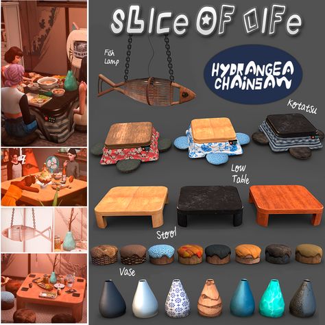 Slice of Life Set-Kotatsu table | Hydrangea on Patreon Sims 4 Hot Pot Cc, Snowy Escape, Japanese Table, Fish Lamp, Sims 4 Anime, The Sims 4 Packs, Japanese Furniture, The Sims 4 Download, Low Table