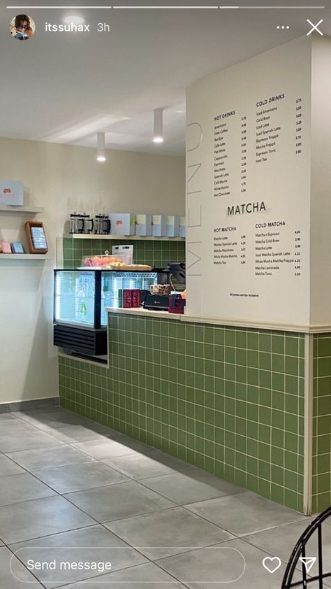 Matcha Cafe Design, Cafe Cashier Counter Design, Matcha Cafe Interior, Coffee Bar Green, Green Cafe Interior, Green Coffee Shop, Cafe Interior Vintage, Cafe Design Inspiration, Colorful Cafe