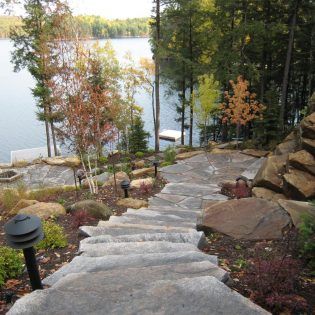 Gallery - Lakeside Landscaping - Muskoka Landscaping Contractor Muskoka Landscaping, Lakeside Landscaping, Lake House Backyard, Sloped Wall, Steep Backyard, Cabin Landscape, Sloping Garden, Lake Landscaping, Sloped Backyard Landscaping