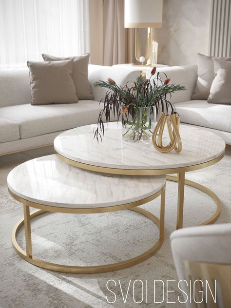 Carpet For White Sofa, Double Table Living Room, White And Golden Interior Design, Home Decor Marble, Gold Tables Living Room, Light Gold Living Room, Living Room With Gold Decor, White And Gold Couch, Beige White And Gold Living Room