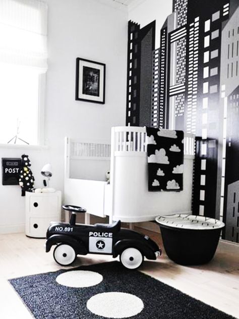 nursery White Kids Room, Black White Nursery, Boys Bedroom Themes, Interior Room Decoration, Baby Boy Bedroom, Boy Bedroom Design, White Nursery, Black And White Baby, Baby Room Ideas