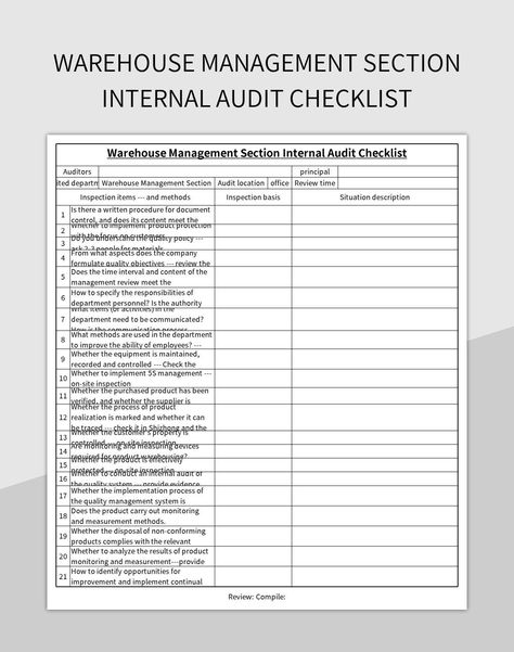 Internal Audit Checklist, Warehouse Management, Internal Audit, Checklist Template, Template Google, Excel Templates, Google Sheets, Microsoft Excel, Template Printable