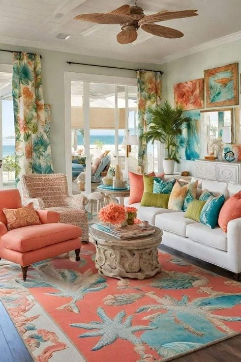 Hawaii Farm, Beach House Inspiration, Colorful Beach House Decor, Key West Decor, Beach House Decor Living Room, Florida Living Room, Balcony Decorating Ideas, Cozy Balcony, Chic Beach House