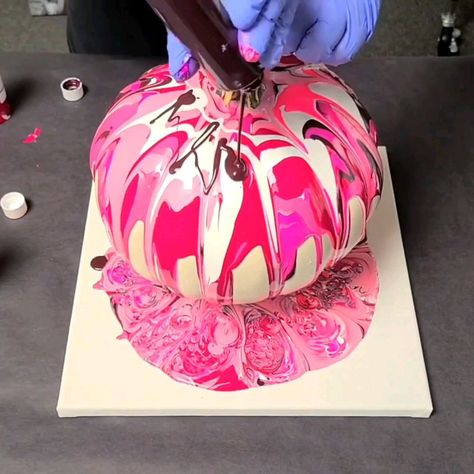 Acrylic Pour on a Pumpkin with Pinks! | Acrylic pouring on pumpkins is so fun! And the color options are unlimited :) | By Mixed Media Girl | Facebook Acrylic Pouring On Pumpkins, Mixed Media Girl Acrylic Pour, Paint Pouring Pumpkins, Acrylic Pour Pumpkin, Acrylic Pumpkin Painting, Clubhouse Ideas, Pumpkin Paint, Painting Pumpkins, Diy Winter