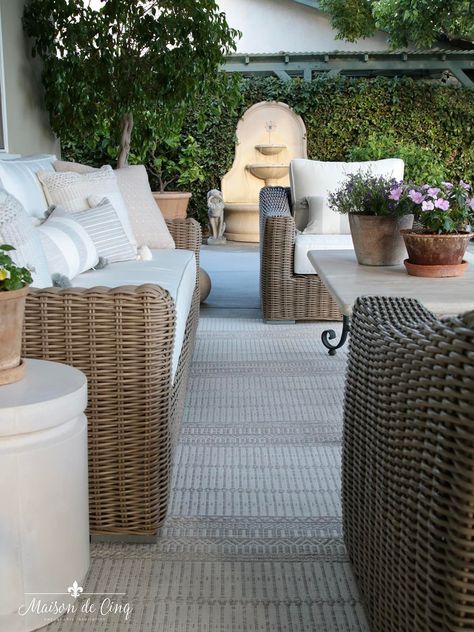 Looking for patio decor ideas? We're sharing 7 essential tips for creating your own outdoor oasis! #maisondecinq outdoorliving outdoordesign outdoorfurniture patiofurniture patiodesign outdoordecor patiodecor frenchcountry frenchfarmhouse europeanstyle Outdoor Dining Ideas, Restoration Hardware Outdoor, Country Patio, Patio Decor Ideas, Patio Layout, Dining Ideas, Weekly Inspiration, Beautiful Outdoor Spaces, Friday Favorites