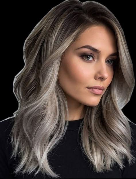 Blended Ash Blonde Balayage, Light Ash Balayage On Dark Hair, Ashy Toned Hair, Icy Brunette Hair, Mushroom Blonde Balayage Dark Roots, Hair Color For Dark Roots, Balayage Hair Cool Tone, Cool Toned Dark Blonde Hair, Icy Blonde Balayage Brunettes