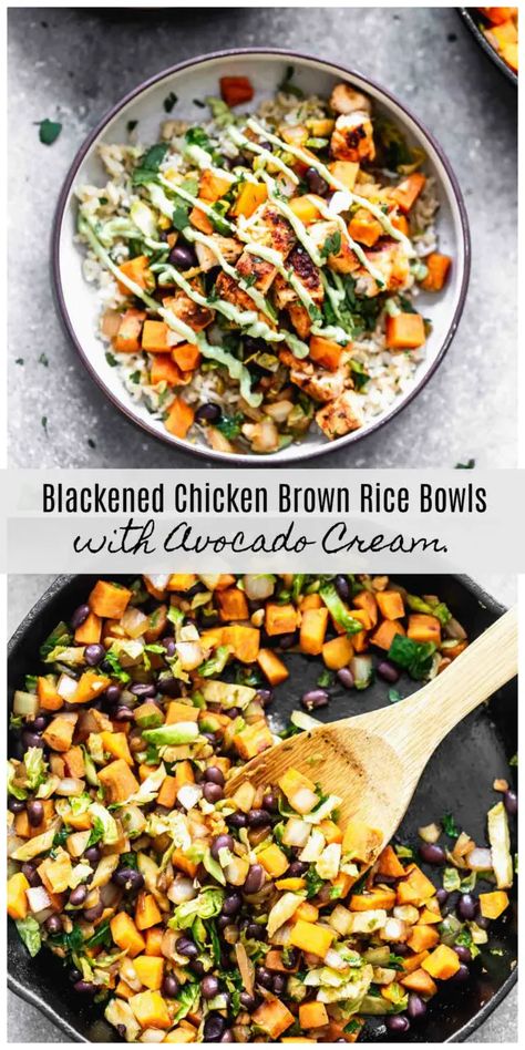 Blackened Chicken Brown Rice Bowls - Cooking for Keeps Chicken Bowl Teriyaki, Blackened Chicken Meals, Siracha Chicken Bowl, Rice Power Bowls, Healthy Food Bowls Dinners, Chicken Grain Bowl Recipe, Grain Bowls Chicken, Blackened Chicken Meal Prep, Clean Eating Bowls Recipes