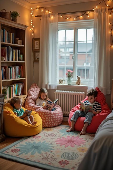 Create the ultimate cozy reading corner for kids 🧸✨ Add comfy bean bag chairs, magical string lights, and a colorful bookshelf to spark their imagination. Perfect for storytime or quiet play! Inspire young readers in style. #ReadingNook #KidsRoomIdeas #CozyDecor Preschool Reading Nook, Toddler Library Corner, Children’s Library Ideas, Kids Library Design, Kids Room Reading Corner, Toddler Library, Preschool Reading Corner, Toddler Reading Corner, Kids Reading Corner