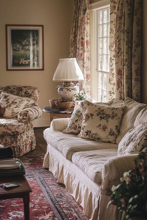 Grandma Style House, Grandma Chic Living Room, English Countryside Living Room, Cozy English Living Room, English Cottage Interiors Cozy, Cottage Couch, Grandmacore House, Cosy Cottage Living Room, Cottage Core Living Room