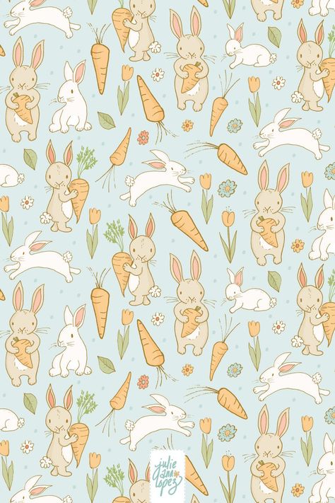 cute, sweet, animals, rabbits, year-of-the-rabbit, rabbit-illustration, illustrator, children's illustration, surface pattern, repeat, carrots, spring #bunnies Spring Bunnies, Rabbit Wallpaper, Spring Animals, Rabbit Illustration, Julie Ann, Bunny Pattern, Children's Illustration, Jan 11, Cute Spring