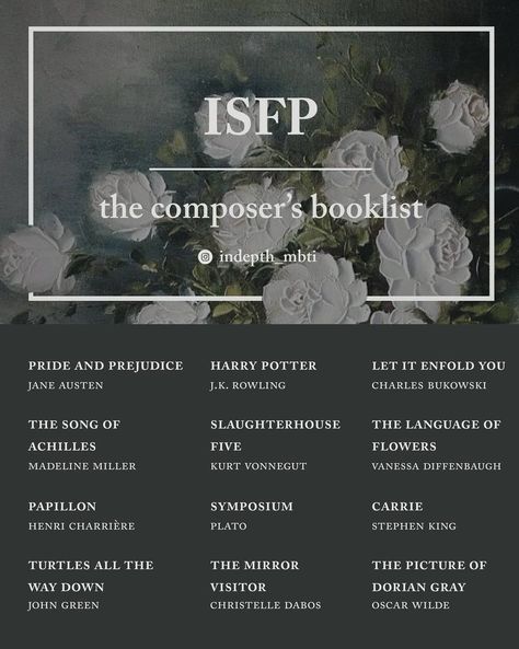 ISFP Booklist Intj Personality Booklist, Isfp Books, Enneagram Booklist, Isfp Movie List, Isfp Aesthetic Moodboard, Isfp Booklist, Mbti Booklist, Entp Booklist, Isfp Personality Aesthetic