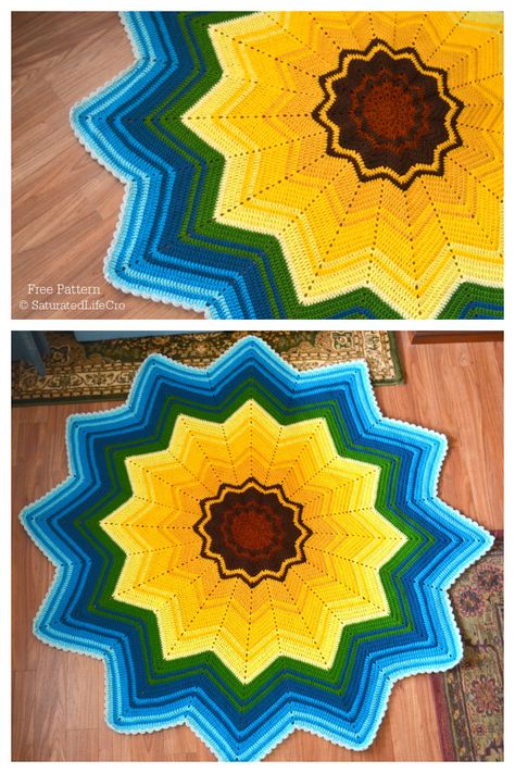 Star Blanket Free Crochet Patterns - DIY Magazine Crochet Sunburst Blanket, Center Start Crochet Blanket, Crochet Sun Blanket, Crochet Round Blanket Pattern Free, Round Crochet Blanket Pattern, Star Crochet Pattern, 12 Point Star, Yarn Cross Stitch, Crochet Star Blanket