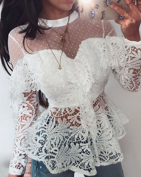 Sheer Mesh Floral Lace Ruffles Blouse (S/M/L/XL) $32.99 Blusas Peplum, Lace Top Styles, Wedding Dress Top, Women Work Blouse, Ruffles Blouse, Women Ruffle Blouse, Top Wedding Dresses, Chic Me, Looks Chic