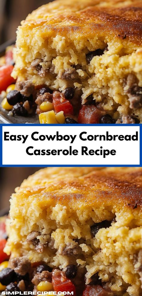 This Easy Cowboy Cornbread Casserole combines savory ground beef, sweet corn, and cornbread mix for a hearty, one-dish meal. Perfect for family dinners or potlucks, it’s simple and satisfying. Dinner Ideas For Parties, Dinner Ideas Fun, Cowboy Cornbread Casserole, Cornbread Topping, Fun Dinner Ideas, Cowboy Cornbread, Party Dinners, Cowboy Casserole Recipe, Fluffy Cornbread