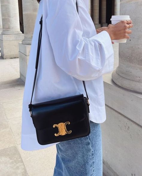 Parisian Handbag Style, Celine Triomphe Bag Outfit Summer, Elegant Designer Bags, Celine Handbag Outfit, Ysl Solferino Bag Outfit, Celine Bucket Bag Outfit, Celine Triomphe Bag Outfit, Celine Bag Outfit, Tas Celine