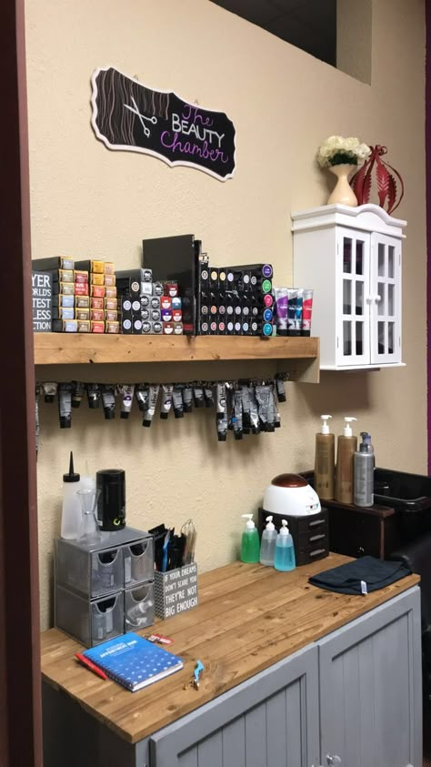 Salon Cabinets Ideas, Salon Hacks Ideas, Hair Salon Mixing Station, Organize Salon Suite, Hair Salon Color Storage, Salon Hair Color Storage Diy, Color Bar Ideas Salon, Salon Color Mixing Station, Color Tube Organizer Ideas