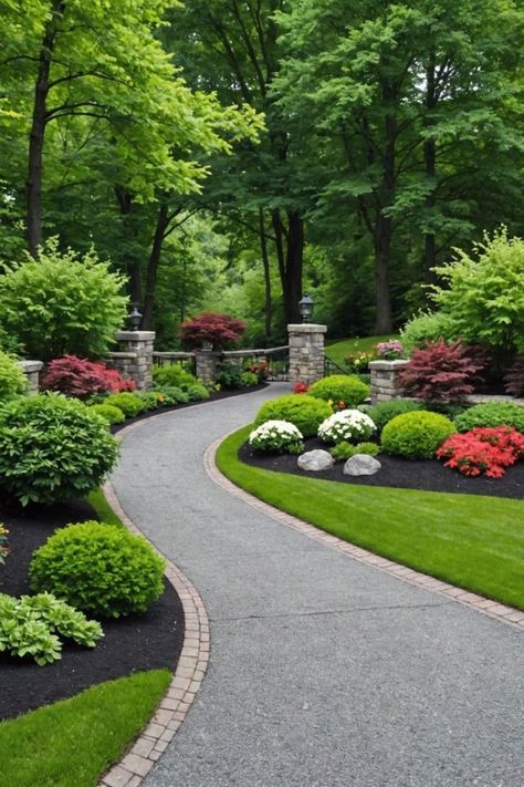 Landscaping A Long Driveway, Outdoor Entrance Ideas Front Walkway, Cool Driveway Ideas, Paved Driveway Ideas Curb Appeal, Farmhouse Driveway Entrance Curb Appeal, Front Gate Landscaping, Grand Driveway Entrance, Landscaping Ideas Around House, Front Of House Landscape Ideas Entrance