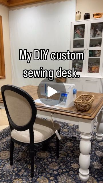 Andrea on Instagram: "I love my DIY sewing desk! It was a friend’s dining table she was getting rid of and I asked if I could buy it. She said have it for free! We traced the sewing machine on top and then used a jigsaw to cut it out. My FIL helped with this DIY (I had already made a smaller drop in desk for my first machine). 

After sanding the table, I stained and sealed the top. I also painted the bottom white. We drilled a hole for my knee lifter and notched the side for the power cord and power switch. 

The table is 42”x60” and is large enough to support a quilt for my domestic quilting. We hadn’t set it up here in NC but that is happening this week😍😍😍. Stay tuned to find out where😏😏😏." Sewing Table Tops, Drop In Sewing Table, Drop In Sewing Machine Table Diy, Diy Adjustable Height Table, Sewing Desk Diy, Sewing Desk Ideas, Sewing Table Ideas Diy, Sewing Machine Table Ideas, Sewing Table Ideas