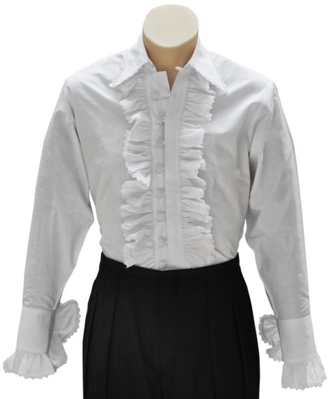 Victorian style Frilly Shirt by Magnoli Clothiers Worn by Jon Pertwee as th 3rd Doctor Victorian Button Up, Blouse Men Outfit, Collared Shirt Reference, Victorian Dress Men, White Victorian Shirt, Victorian Clothing Male, Captain Aesthetic, White Victorian Dress, Frilled Shirt