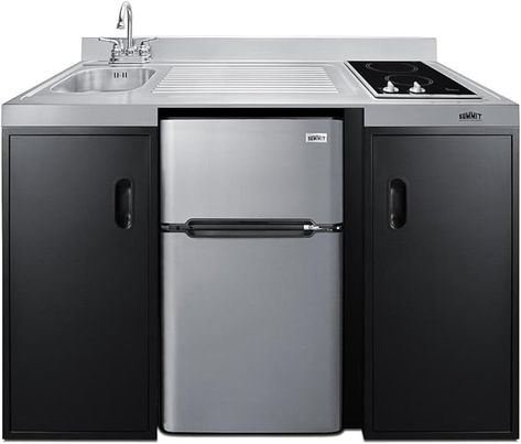 Amazon.com: Summit Appliance CK55ADASINKR 54” Wide All-in-One Kitchenette in Black with a 2-Burner 115V Cooktop, 2-Door Refrigerator-Freezer, Sink, and Large Storage Cabinet (SINKR) : Appliances Kuhinja Ideje, Large Storage Cabinets, Refrigerator Freezer, Large Storage, Storage Cabinet, Refrigerator, All In One, Flooring, Black