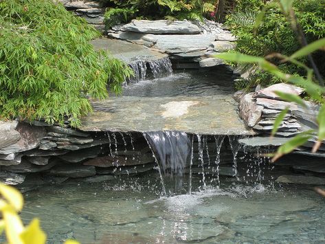 Water Garden Design and Water Conservation - eXtension Slate Waterfall, Garden Water Feature, Fountains Backyard, Garden Waterfall, Pond Waterfall, Pond Water Features, Backyard Water Feature, Pond Landscaping, Natural Pond