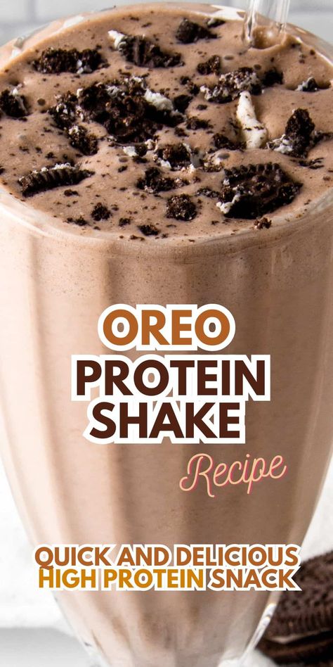 This easy Oreo Protein Shake Recipe has 27g of protein and makes a delicious protein snack or dessert. Treat yourself to a guilt-free cookies & cream protein milkshake! Oreo Protein Shake Recipes, Chocolate Protein Shake Recipes, Oreo Protein Shake, Protein Milkshake Recipe, Protein Powder Recipes Shakes, Protein Powder Recipe, Easy Protein Shakes, Cookies And Cream Milkshake, Protein Drink Recipes