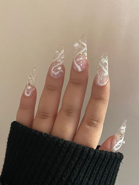 Clear White Almond Nails, White And Clear Christmas Nails, Glitter And Pearl Nails, Pearl Themed Nails, Jelly Christmas Nails, Long Pearl Nails, White Theme Nails, White Fairy Nails, White Themed Nails