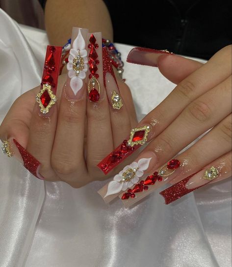 Red And White Wedding Nails, Red Luxury Nails, Red And Gold Quinceanera Theme Nails, Red Xv Nails, Red Extra Nails, Red And Silver Quince Nails, Red Nails For Quinceanera Long, Long Red Acrylic Nails Design, Charro Nails Designs Red