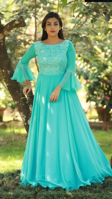 Beautiful Geoegette Embroidered yoke Gown with bell sleeves. Bell Hands Long Frocks, Bell Hands, Long Frocks For Women, Party Dress Inspiration, Umbrella Dress, Long Gown Design, Frock For Women, Frock Dress, Long Gown Dress