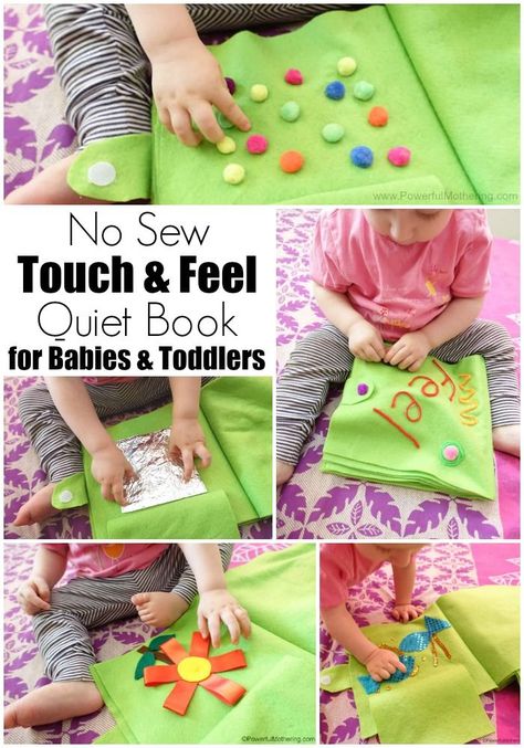 a no sew touch and feel quiet book for babies and toddlers. There are no removable parts. Sensory exploration on felt! Baby Books Diy, Diy Quiet Books, Baby Quiet Book, Baby Toys Diy, Quiet Book Patterns, Toddler Quiet Book, Quiet Activities, Felt Books, Felt Quiet Books