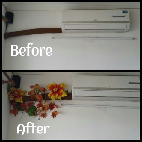 Simple n great way!!! Hiding the split AC Pipe Ac Wire Covering Ideas, Hiding Pipes On Wall, Ac Pipe Covering Ideas, Split Ac In Living Room, How To Hide Ac Pipes In Room, Ac Pelmet, Cover Pipes On Wall, How To Hide Pipes On Wall, Ideas To Hide Pipes On Wall