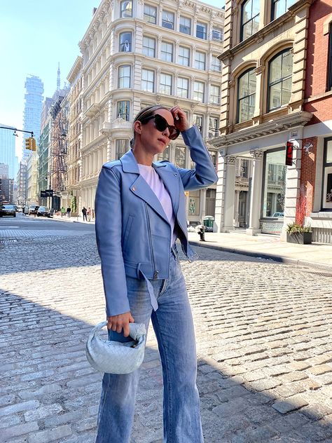 Pastel Monochromatic Outfit, Pink Pastel Outfit, Blue Leather Jacket Outfit, Pastel Leather Jacket, Cute Pastel Outfit, Pastel Outfit Ideas, Bottega Jodie, Pastel Leather, Brooklyn Blonde