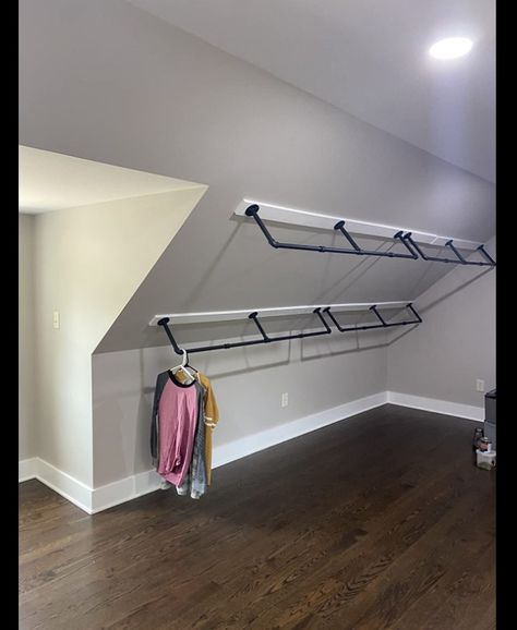 Slanted Ceiling Bedroom, Attic Bedroom Storage, Attic Closet, Living Room Ideas Farmhouse, Clothes Hanging, Closet Remodel, Attic Remodel, Small Space Living Room, Attic Rooms