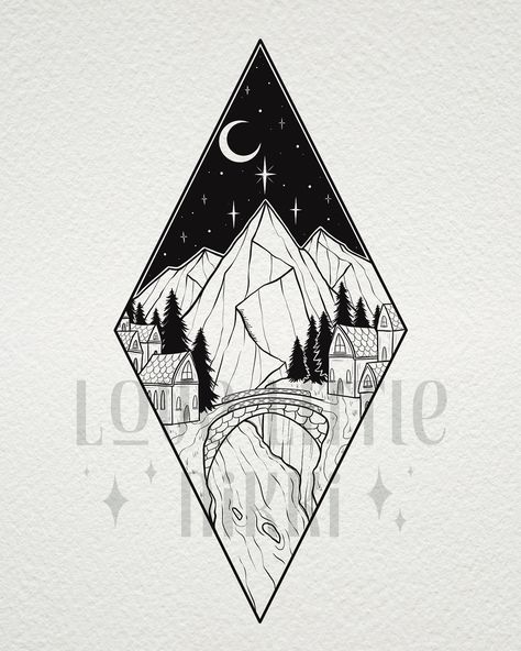 Lovely scene looking into Velaris for Dylan 🖤✨ I’ll always love a blackwork scene illustrated in geometric shapes 🌙 #velaris #inktober #acotar Acotar Illustration, Velaris Symbol, Velaris Painting, Acotar Design, Night Court Tattoo, Velaris Tattoo, Piercing Inspo, Night Court, Business Ideas