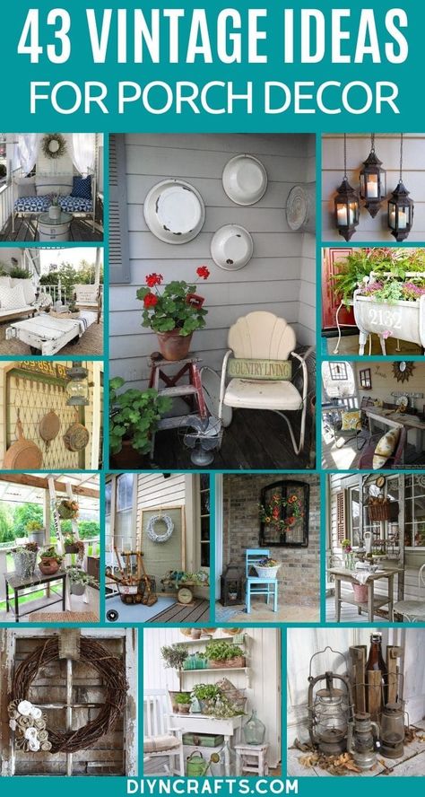 Update your home with these amazing vintage porch decor ideas that bring lively classic styles to your porch with only a few additions! Vintage decor ideas are a great way to add style to small spaces! #VintageDecor #VintagePorchDecor #PorchDecor #Porch #Vintage #Farmhouse #RusticStyle Vintage Porch Decor Farmhouse Style, Farmhouse Exterior Decor Ideas, Mismatched Chairs Front Porch, Small Patio Wall Ideas, Small Country Porch Ideas, Style A Front Porch, Vintage Backyard Decor, Vintage Back Porch Ideas, Pool Backdrop Ideas